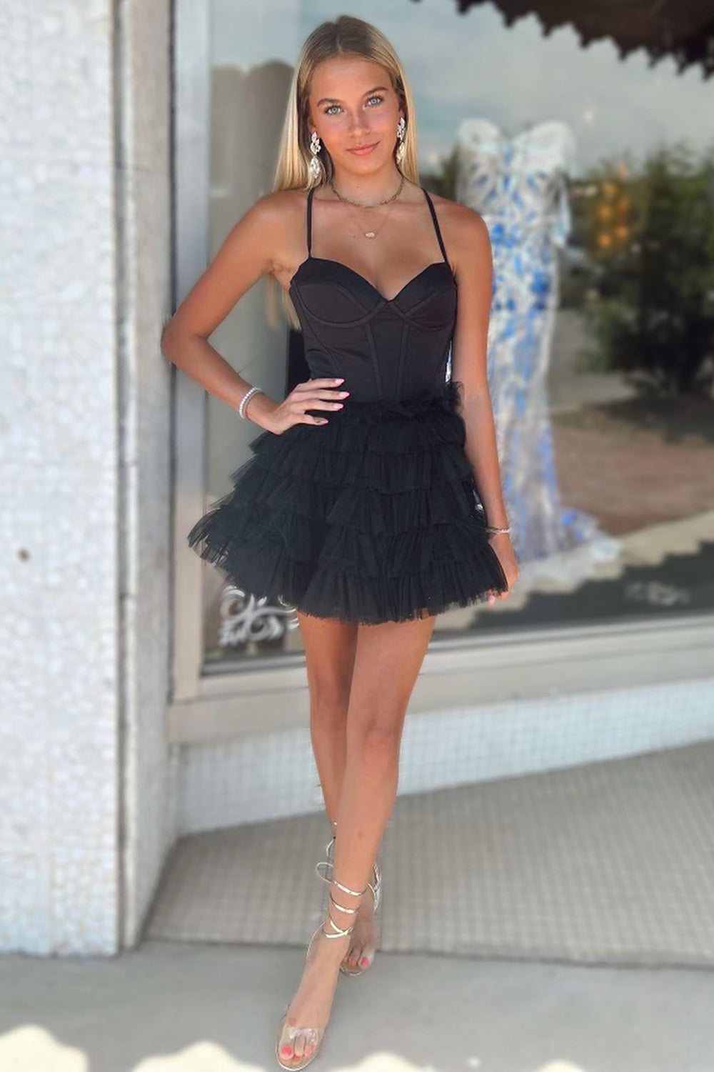 Spaghetti Straps Tulle A-Line Tiered Short Homecoming Dress