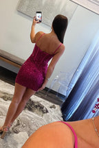 Sparkly Fuchsia Spaghetti Straps Sequins Bodycon Short Corset Homecoming Dress