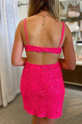 Sparkly Spaghetti Straps Fuchsia Sequins Bodycon Short Homecoming Dress