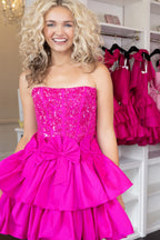 Strapless A-Line Tiered Short Homecoming Dress with Beading