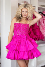 Strapless A-Line Tiered Short Homecoming Dress with Beading