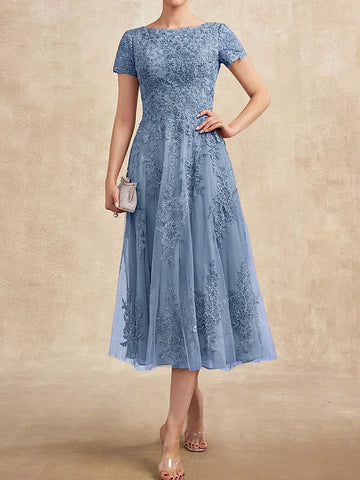 A-line Scoop Tea-Length Tulle Lace Mother of the Bride Dress