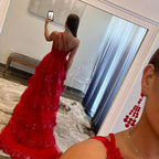 Vestido largo de fiesta de encaje con un solo hombro y volantes