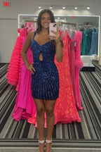 Glitter Spaghetti Straps Beaded Bodycon Short Homecoming Dress