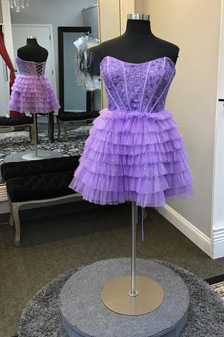 Strapless Tulle A-Line Ruffled Corset Short Homecoming Dress with Appliques