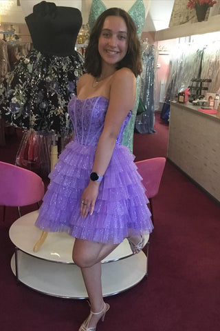 Strapless Tulle A-Line Ruffled Corset Short Homecoming Dress with Appliques