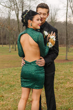 Sparkly Long Sleeves Sequins Bodycon Short Homecoming Dress with Open Back