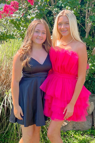 Vestido corto de fiesta sin tirantes, corte en A, de tul con volantes