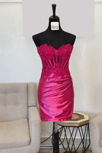 Strapless Bodycon Satin Short Corset Homecoming Dress with Appliques