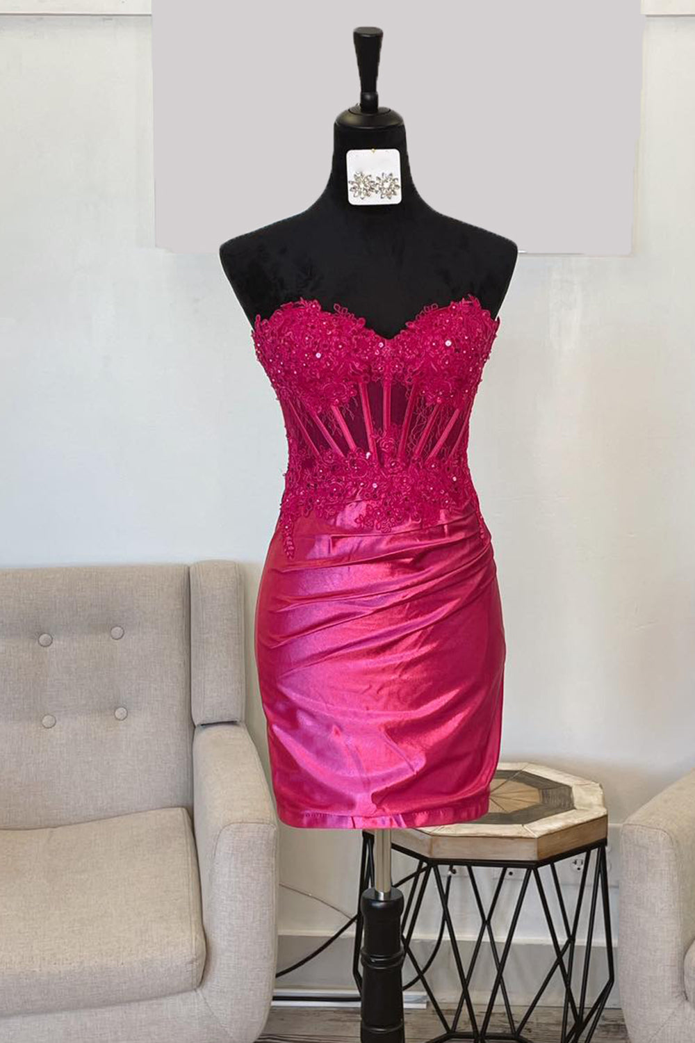 Strapless Bodycon Satin Short Corset Homecoming Dress with Appliques