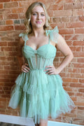 Vestido corto de fiesta con corsé, corte en A, tul escalonado y tirantes ajustables