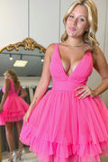 Deep V Neck A-Line Tulle Tiered Short Homecoming Dress