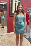 Spaghetti Straps Bodycon Satin Corset Short Homecoming Dress