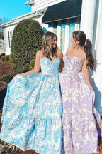 Robe de bal longue corset trapèze à décolleté cœur et imprimé floral