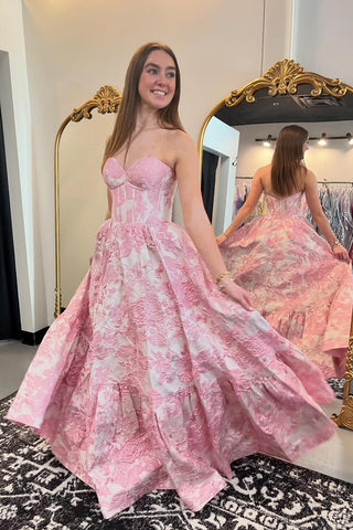 Robe de bal longue corset trapèze à décolleté cœur et imprimé floral