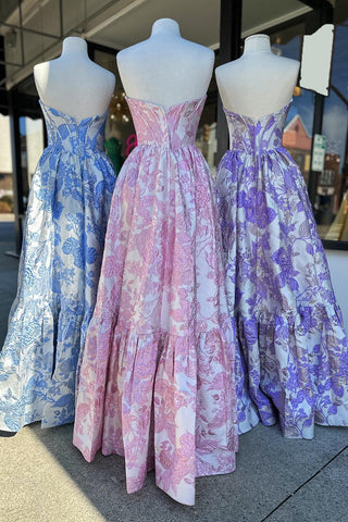 Robe de bal longue corset trapèze à décolleté cœur et imprimé floral