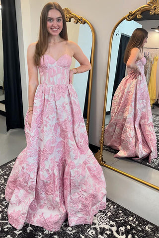 Robe de bal longue corset trapèze à décolleté cœur et imprimé floral