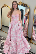 Robe de bal longue corset trapèze à décolleté cœur et imprimé floral