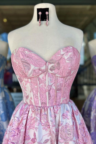 Robe de bal longue corset trapèze à décolleté cœur et imprimé floral