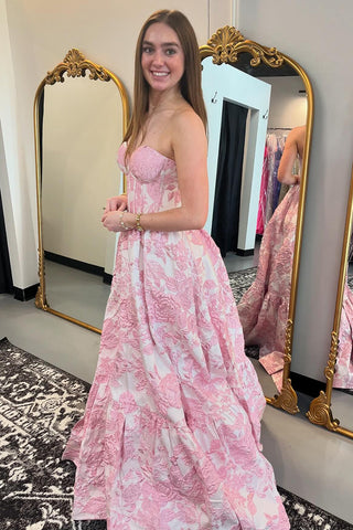 Robe de bal longue corset trapèze à décolleté cœur et imprimé floral