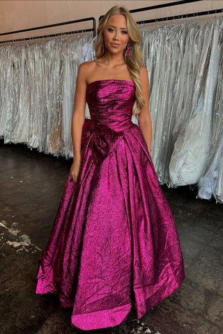 Metallic Strapless Ruched A-Line Long Prom Dress with Bow