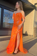 Sparkly Off the Shoulder Sequins Mermaid Long Corset Prom Dress with Slit