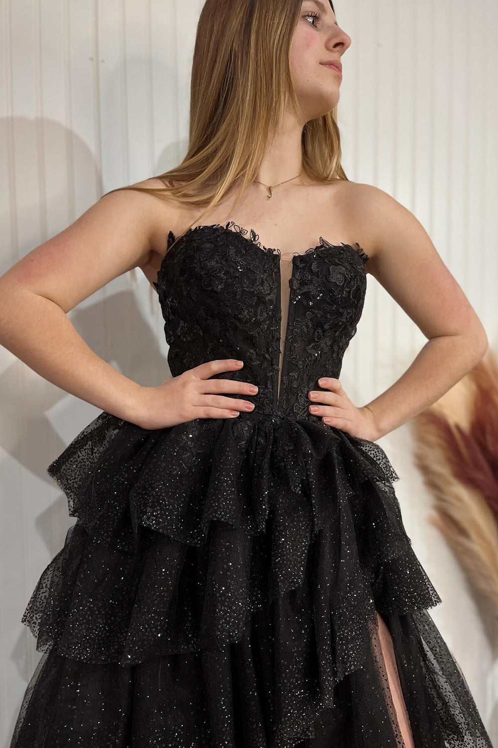Sparkly  Sweetheart Tulle A-Line Tiered Long Corset Prom Dress with Appliques