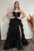 Sparkly  Sweetheart Tulle A-Line Tiered Long Corset Prom Dress with Appliques