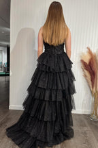 Sparkly  Sweetheart Tulle A-Line Tiered Long Corset Prom Dress with Appliques