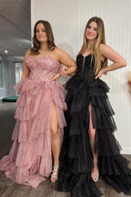 Sparkly  Sweetheart Tulle A-Line Tiered Long Corset Prom Dress with Appliques