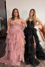 Sparkly  Sweetheart Tulle A-Line Tiered Long Corset Prom Dress with Appliques