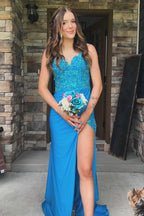 Turquoise Spaghetti Straps Mermaid Long Corset Prom Dress with Appliques