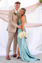 Sparkly Blue Spaghetti Straps Satin Mermaid Long Corset Prom Dress with Beading