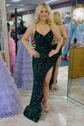 Sparkly Spaghetti Straps Mermaid Sequins Long Prom Dress with Slit
