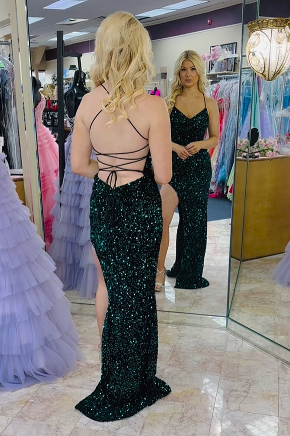 Sparkly Spaghetti Straps Mermaid Sequins Long Prom Dress with Slit