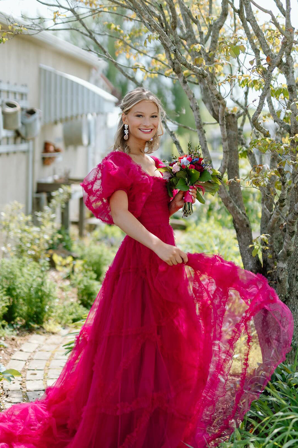 Square Neck A-Line Long Corset Prom Dress with Puff Sleeves
