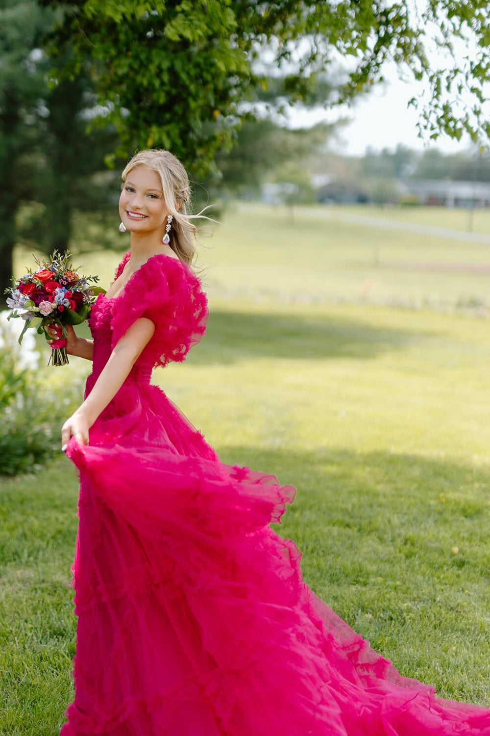 Square Neck A-Line Long Corset Prom Dress with Puff Sleeves