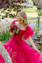 Square Neck A-Line Long Corset Prom Dress with Puff Sleeves