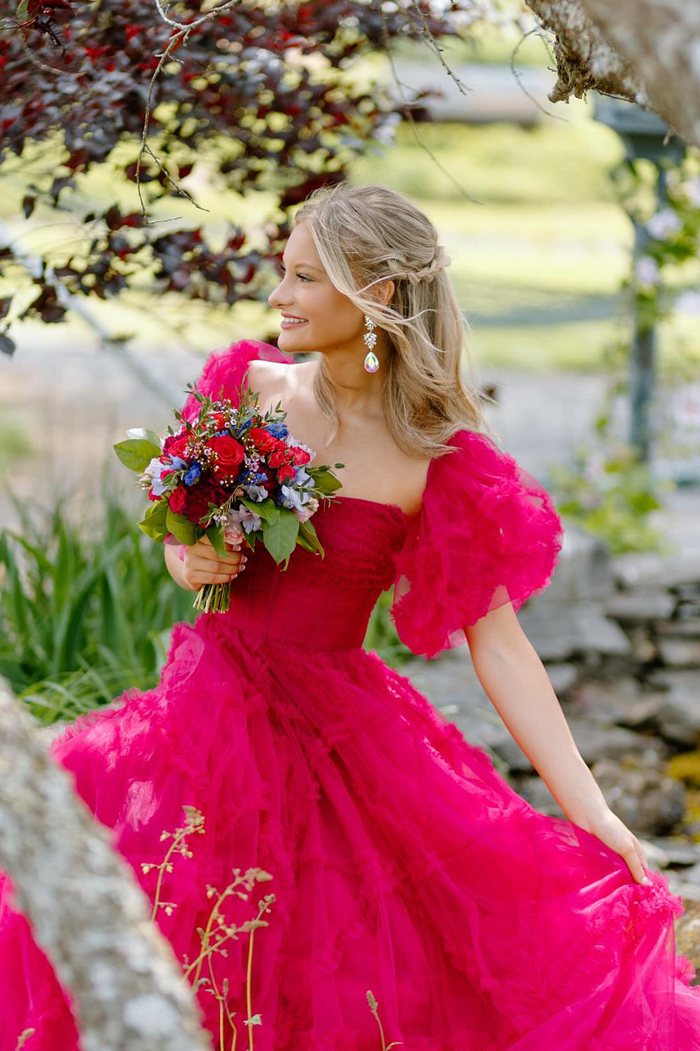 Square Neck A-Line Long Corset Prom Dress with Puff Sleeves