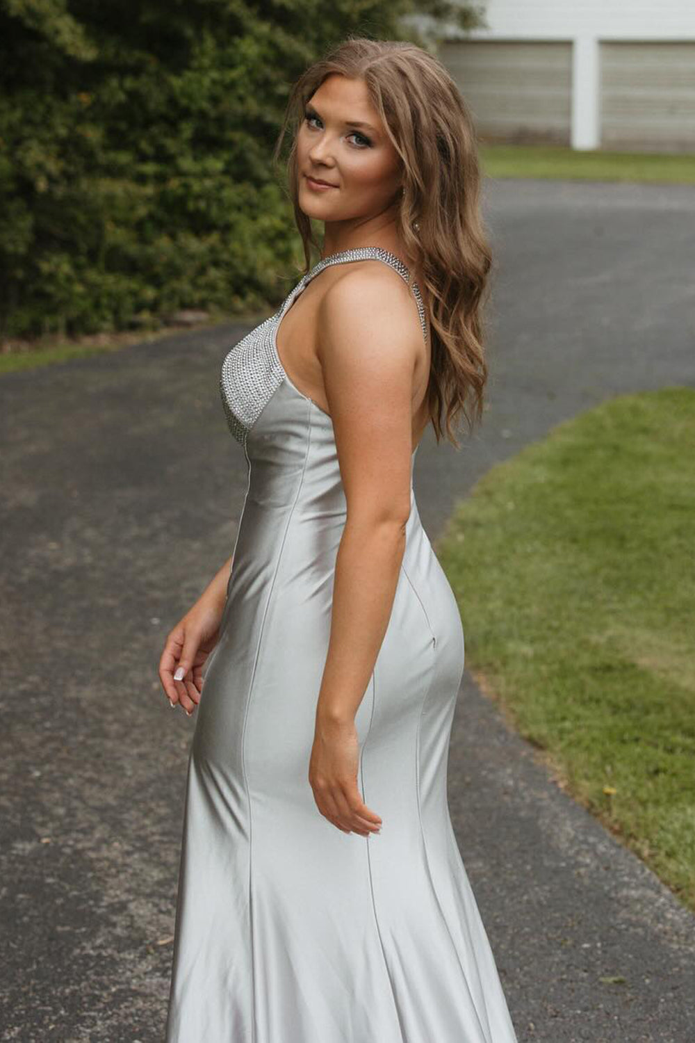 Silver Halter Neck Mermaid Satin Long Corset Prom Dress with Beading