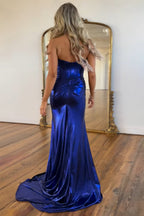 Royal Sweetheart Mermaid Metallic Long Corset Prom Dress with Slit