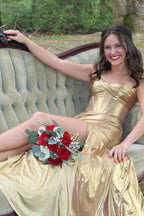 Royal Sweetheart Mermaid Metallic Long Corset Prom Dress with Slit