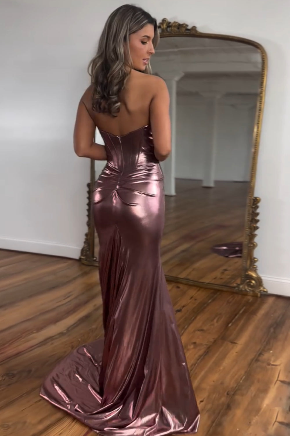 Royal Sweetheart Mermaid Metallic Long Corset Prom Dress with Slit
