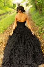 Robe de bal longue bustier à volants en tulle style princesse avec fente