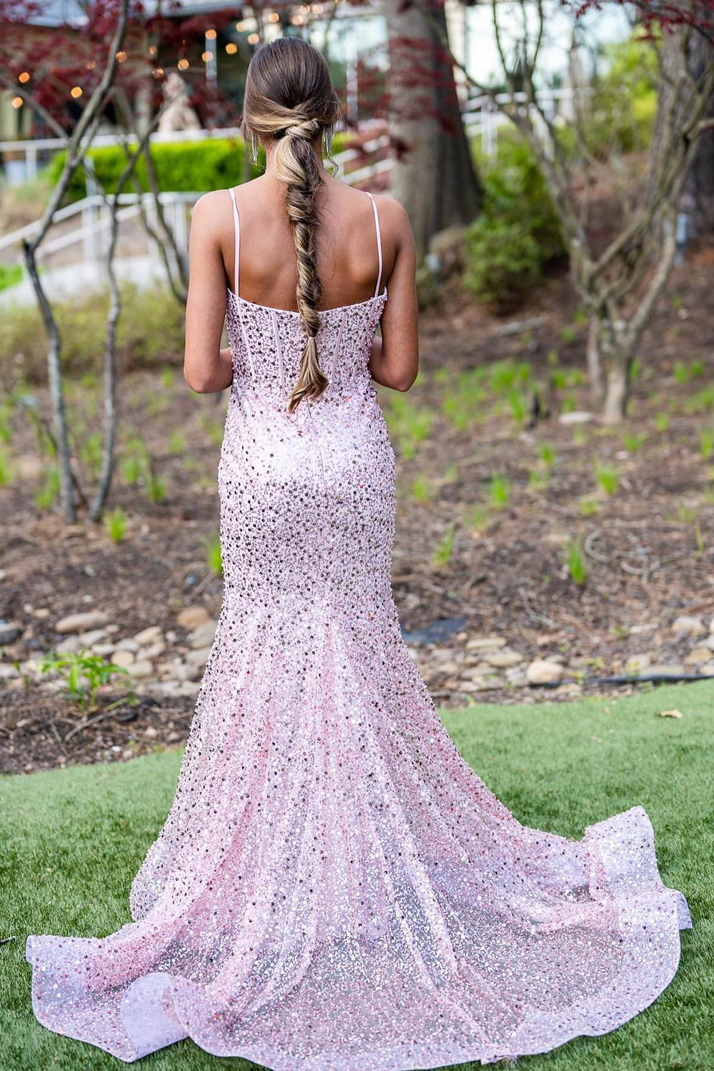 Sparkly Pink Spaghetti Straps Mermaid Sequins Long Corset Prom Dress