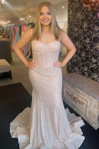 Vestido de fiesta largo de sirena con lentejuelas, tirantes finos y corsé, color rosa brillante.