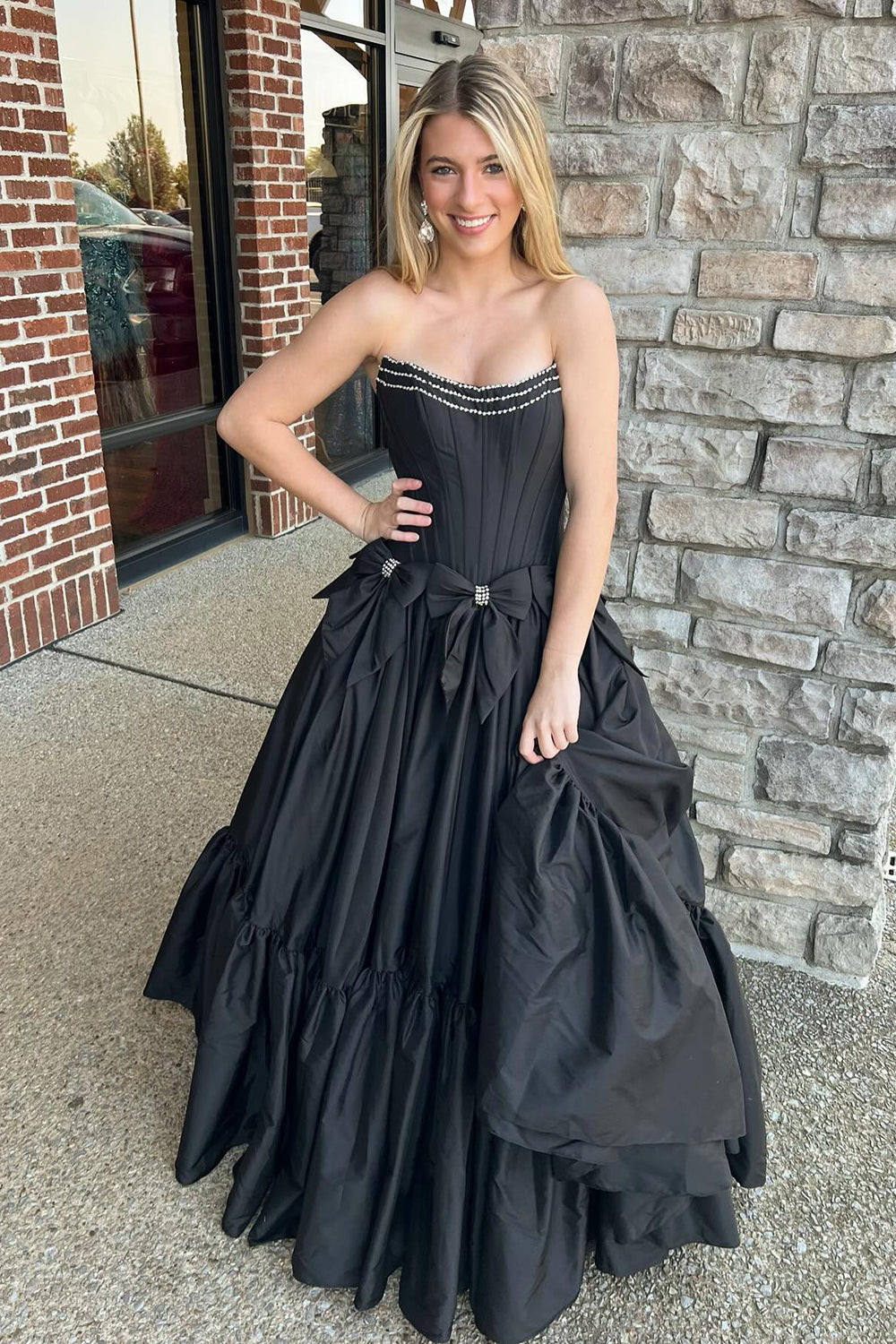 Strapless A-Line Satin Long Corset Prom Dress with Bows