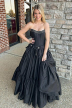 Strapless A-Line Satin Long Corset Prom Dress with Bows