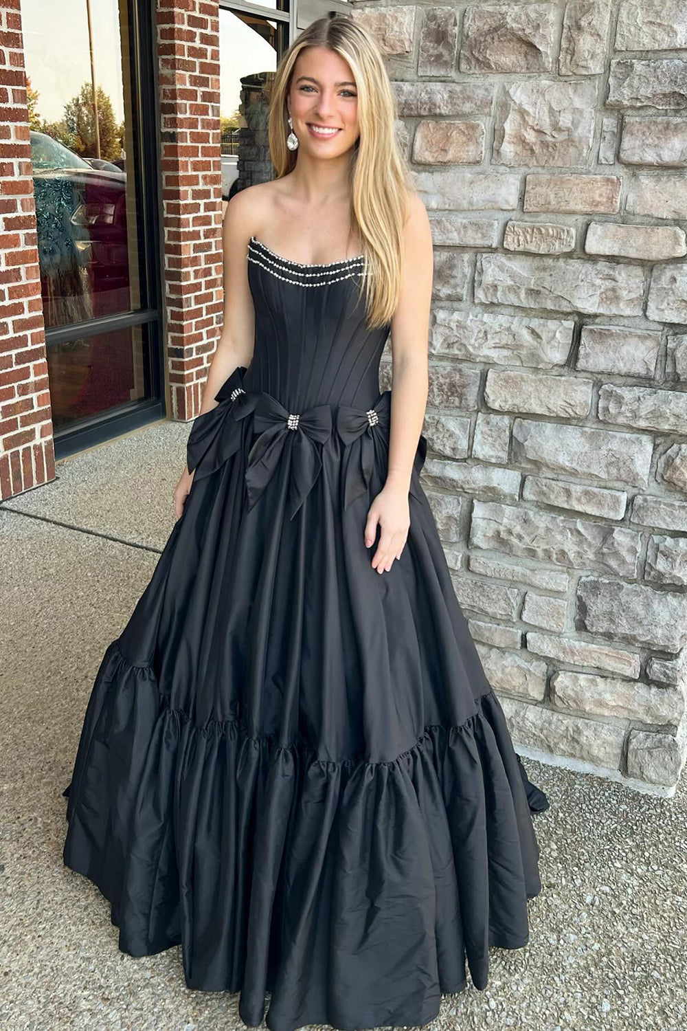 Strapless A-Line Satin Long Corset Prom Dress with Bows