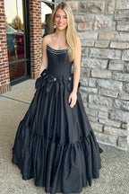 Strapless A-Line Satin Long Corset Prom Dress with Bows